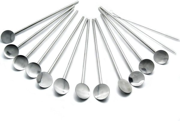 kilofly 12 pcs Reusable Stainless Steel Bar Spoon Straws with 2 Cleaning Brushes