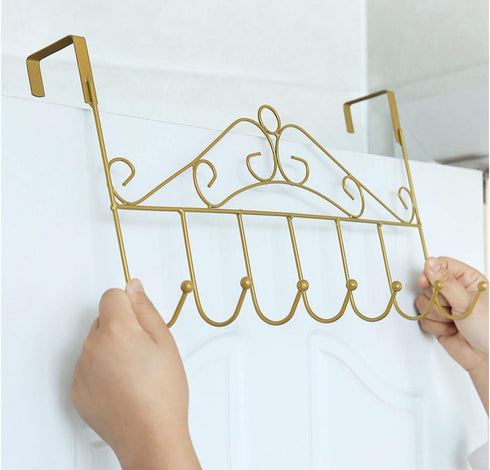 eywlwaar Gold Over The Door Hooks, 7 Hanger Rack for Home Use, Heavy Decorative Metal Rack for Coats, Bags