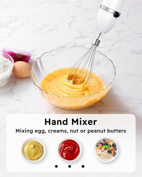 Sangcon Immersion Blender Handheld - 400W Electric 3-in-1 Stick Blender with Whisk, Milk Frother Attachments, White