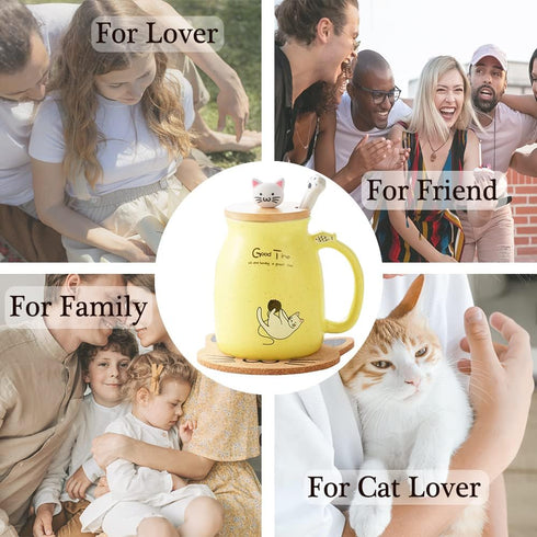 BigNoseDeer Ceramic Tea Cup with Infuser and Lid, Kawaii Cat Mug, Cute Gifts for Women, Girls (13oz)