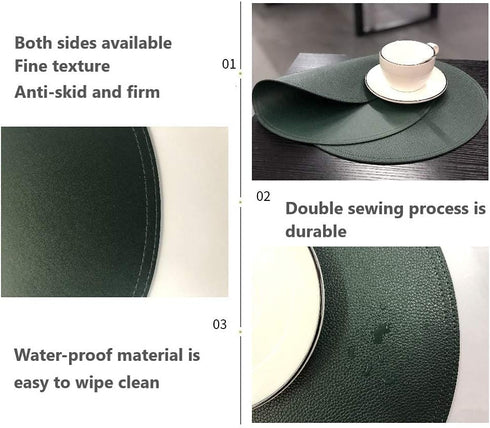 Jovono Faux Leather Round Placemats and Coasters, Wipeable Table Mats, Diameter 13'' and 3.9'', Green
