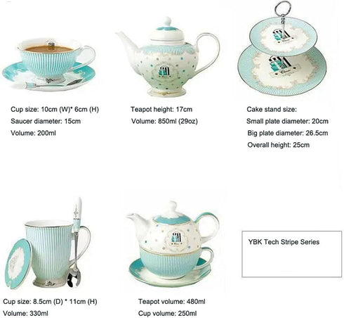 Cup & Saucer Set Bone China Porcelain Tea Coffee Cup for Breakfast Afternoon Tea - Blue Stripe Pattern (1)