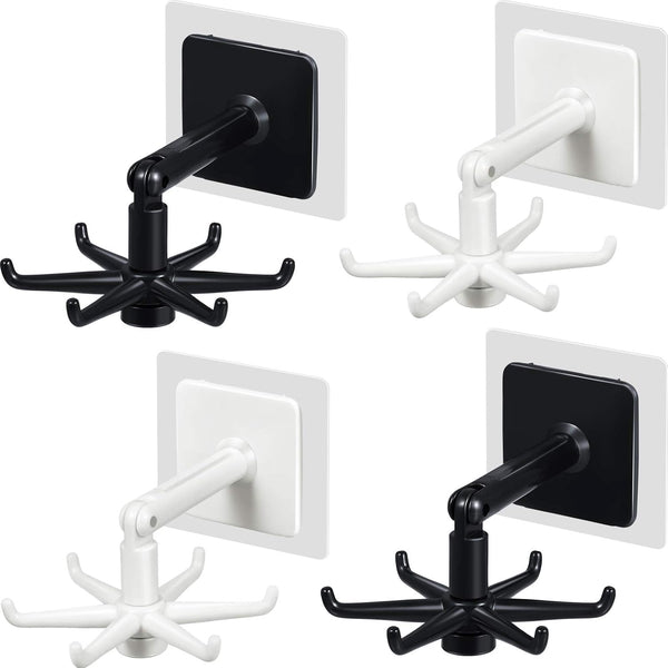 4 Pieces 360 Rotating Folding Hook, Multi-Purpose Self-Adhesive Utensil Holder with 6 Hooks for Kitchen Bathroom