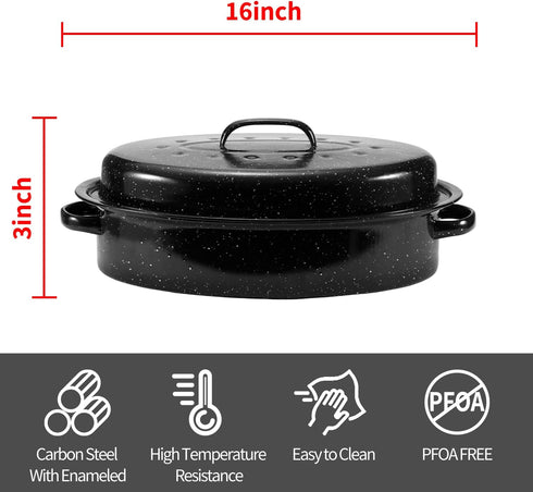 Granite Roasting Pan, Medium 16” Enameled Roasting Pan with Domed Lid. Oval Turkey Roaster Pot, Broiler Pan Great for Small Turkey, Chicken, Ham, Dishwasher Safe Fit for Roast 12Lb Bird by Kendane by Kendane