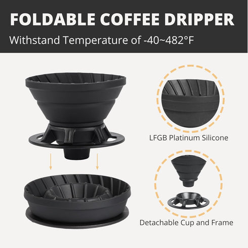 Portable Pour Over Coffee Maker Set, Collapsible Silicone Dripper, Perfect for Travel, Camping, Outdoors
