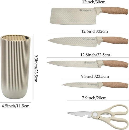 Kitchen Knife Set, Retrosohoo 6-Pieces Khaki Sharp Knife Set with Universal Knife Block
