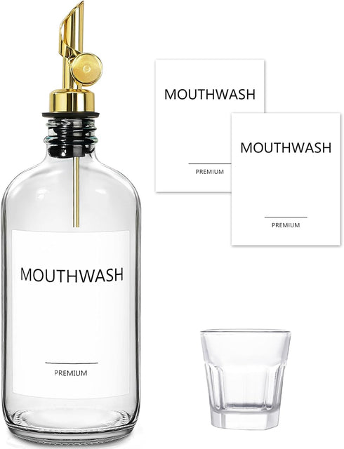 Mouthwash Dispenser for Bathroom, Glass Mouthwash Dispenser with Cup, Mouth Wash Container