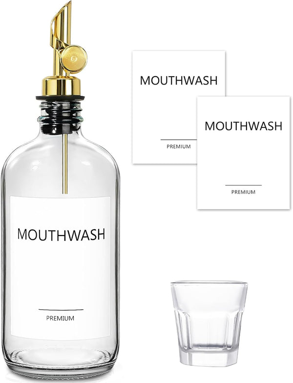 Mouthwash Dispenser for Bathroom, Glass Mouthwash Dispenser with Cup, Mouth Wash Container