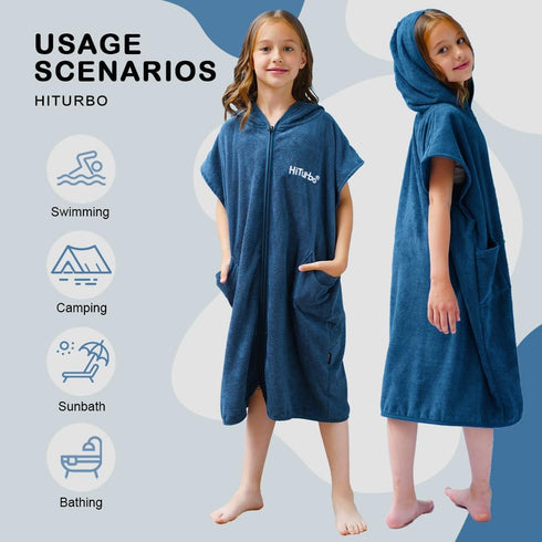 Swimming Hiturbo Kids Bath Towel Hoodie: Absorbent Quick Dry Zipper Surf Poncho - Changing Towels Outerwear (Navy Blue)