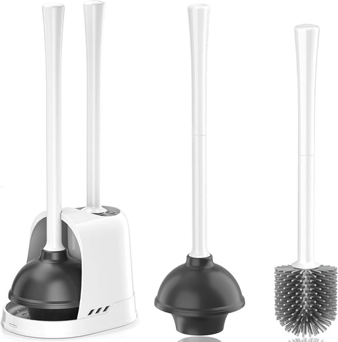 Toilet Plunger and Brush Set - Heavy Duty Silicone Bowl Brush and Plunger Combo with Ventilated Holder, White