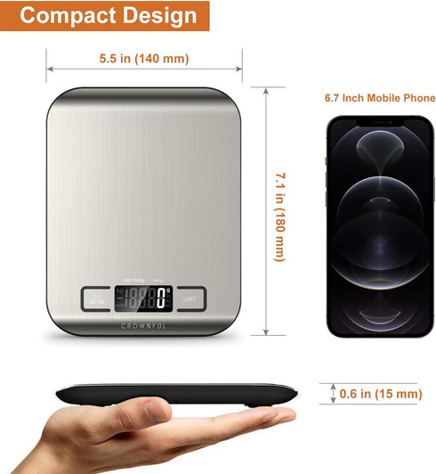 CROWNFUL Food Scale, 11 lb Digital Kitchen Scales with Built-in Coin Battery, LCD Display, 304 Stainless Steel