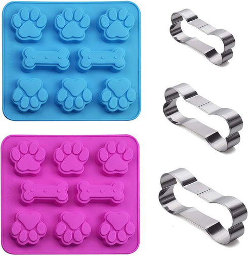 Set of 5 Silicone Molds Puppy Dog Paw & Bone Shaped 2 in 1 with Stainless Steel Bone Cookie Cutter for Homemade Treats