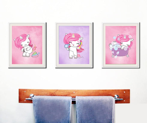 Silly Goose Gifts Magical Unicorn Bathroom Wall Art Decor, Set of Three, Poop Bathtub Blow Dryer Hair