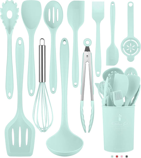 Kitchen Utensils Set, 12 Pieces Silicone Cooking Utensils Set, 392°F Heat Resistant for Nonstick Cookware