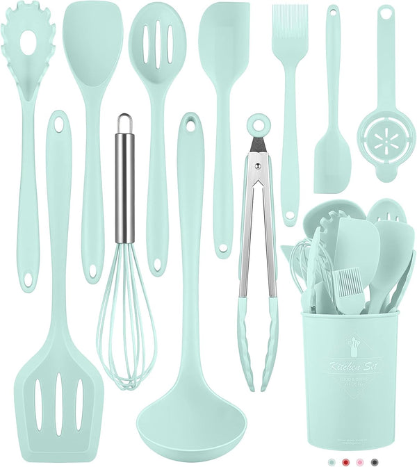 Kitchen Utensils Set, 12 Pieces Silicone Cooking Utensils Set, 392°F Heat Resistant for Nonstick Cookware