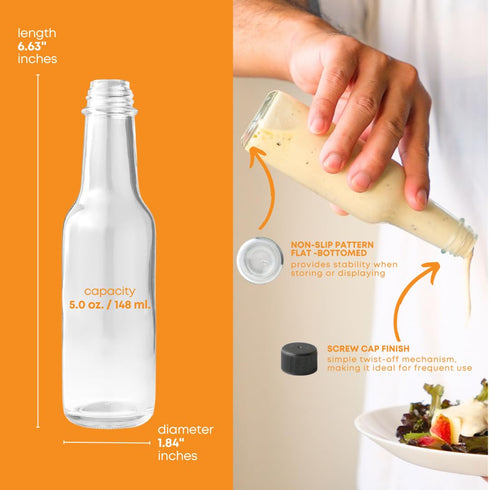 Woozy 5 oz (Pack 12) FastRack Bottle of | Small Hot Sauce Bottles for Canning | Empty Clear Glass Sauce Bottle