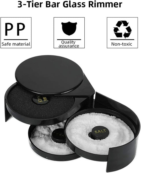 3 Tier Bar Glass Rimmer, Margarita Cocktail Salt and Sugar Rimmer, Bartender Tool (BLACK)