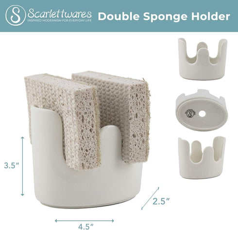 scarlettwares Dual Double Sponge Holder for Kitchen Sink Ceramic White Rustic Farmhouse Holds Two Sponges