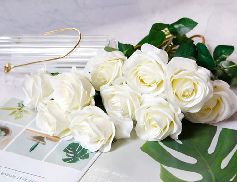 DuHouse 10pcs Fake Roses Artificial Silk Flowers Faux Rose Flower Long Stems Bouquet for Wedding Centerpiece Party Home