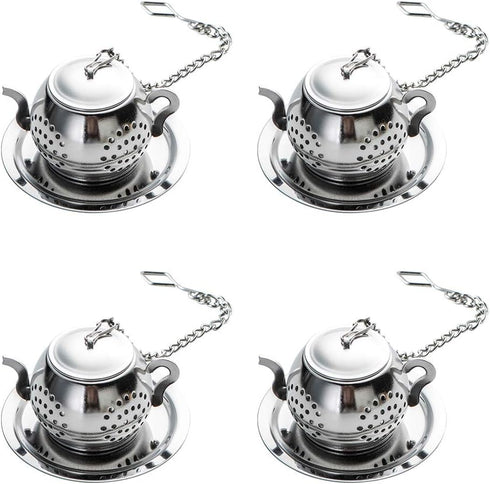 4Pcs Stainless Steel Tea Balls for Loose Leaf - Tea Infusers with Chain Hook and Saucer (Silver)
