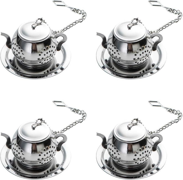 4Pcs Stainless Steel Tea Balls for Loose Leaf - Tea Infusers with Chain Hook and Saucer (Silver)