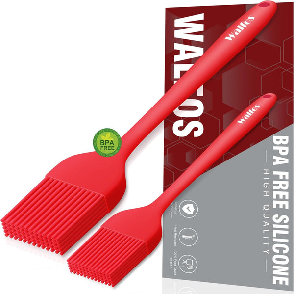 Walfos Silicone Basting Pastry Brush Set - Heat Resistant, Strong Steel Core, Perfect for BBQ Grill Baking, 2 Pcs (Red)