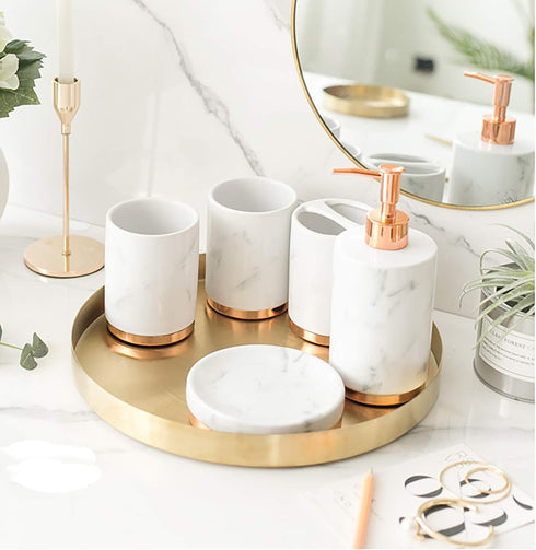Jucoan 2 Pack 8 Inch Round Gold Tray, Decorative Small Vanity Tray for Bathroom Storage, Jewelry, Food, Candle