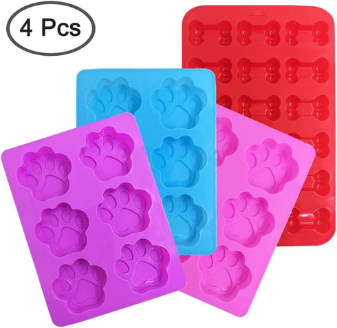 4 Pcs Silicone Candy Chocolate Molds, FineGood Puppy Dog Paw & Bone Shaped Ice Cube Trays, Red, Blue, Purple, Pink