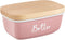 ALELION Pink Butter Dish with Lid, Ceramic Farmhouse Butter Keeper Container with Beech Wood Lid, Pink Kitchen Decor