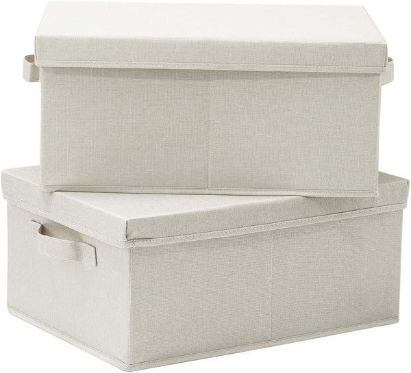 HOONEX Foldable Storage Bins with Lids, 2 Pack, Beige Storage Boxes for Shoes, Books, Clothes, Linens