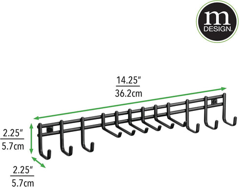 Closet Wall Mount Metal Accessory Organizer and Storage Center mDesign - 12 Hooks, 2 Pack, Matte Black for Ties, Belts,