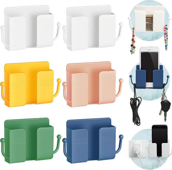 6 Pieces Wall Mount Phone Holder Self-Adhesive Organizer Storage Box for Bedroom (White, Yellow, Green, Pink, Blue)