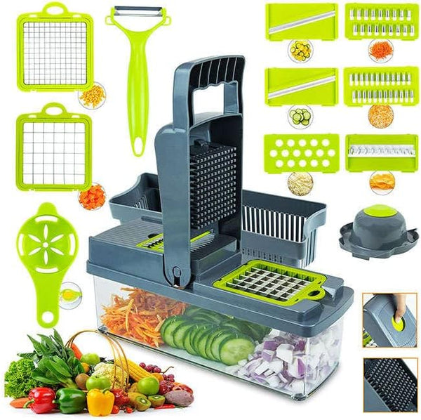 Kitchen Vegetable Slicer, 14 in 1 Vegetable Chopper, Manual Multifunctional Food Chopper Container for Various