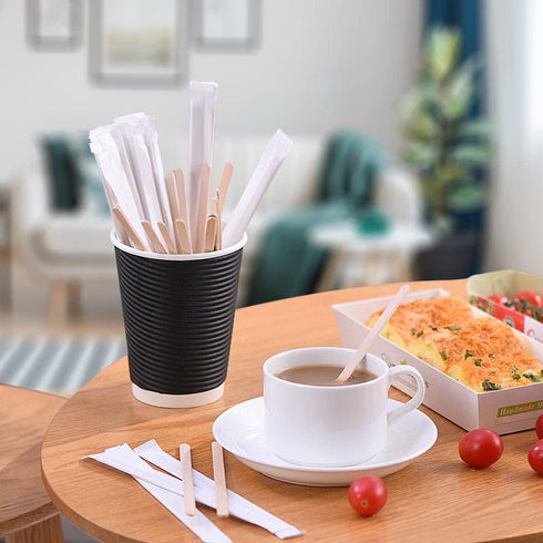 MFJUNS 200pcs 5.5" Individually Wrapped Coffee Stirrers Wood - Coffee Stir Sticks, Round End Disposable coffee stirrer