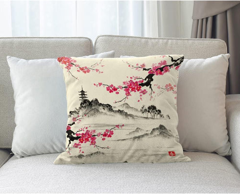 Beabes 18X18 Inch Cherry Landscape Pillowcase, Traditional Japanese Cherry Pink Cotton Linen Decorative Throw for Couch