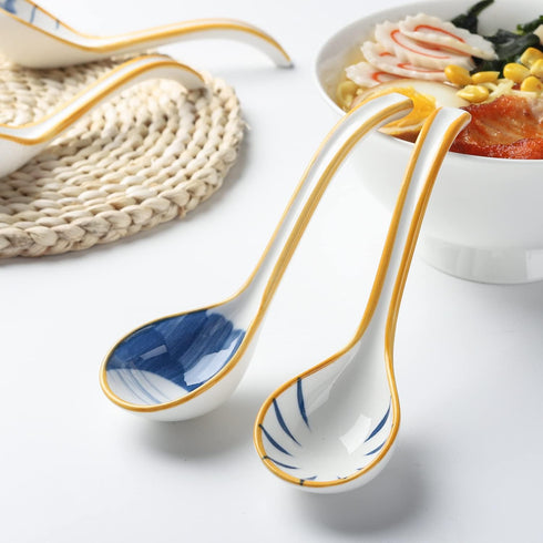 Soup Spoon Set of 4, Japanese and Korean Curved Handle Ceramic Ramen Spoons for Pho, Miso, Salad