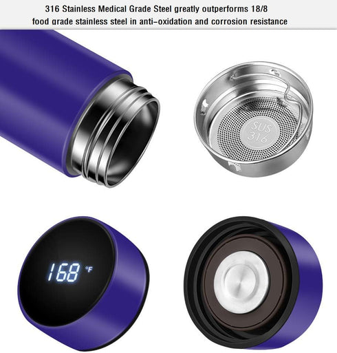 Insulated Coffee & Tea Infuser Bottle with LED Temperature Display, Double Wall Vacuum, Stay Hot for 24 Hrs (Blue)