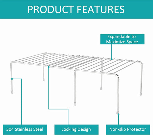 Expandable Cabinet Shelf Rack - Stainless Steel Adjustable Kitchen Countertop Shelves for Organization