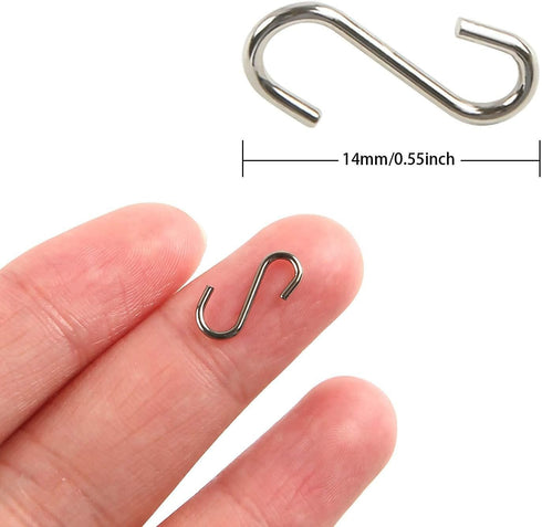 FEBSNOW 250pcs 0.55 Inch Mini S Hooks - Ornament Connectors for DIY Crafts with Storage Box