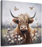 Enartly 14"x14" Highland Cow Bathroom Wall Art, Rustic Farmhouse Animal Canvas Print, Nature Flower Landscape Decor