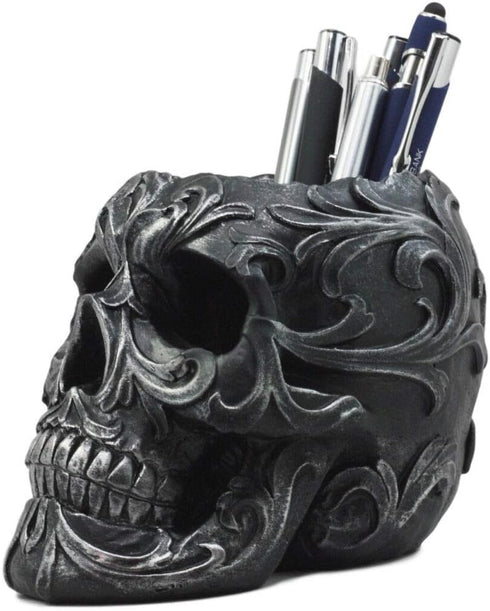 Ebros Gift Tribal Tattoo Floral Skull Pen Holder - 5.75" Office Desktop Decor, Cranium Skeleton Stationery Holder