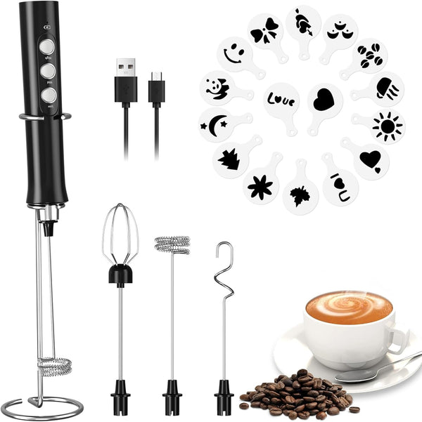 FITNATE Rechargeable Milk Frother with Stand, Handheld Drink Mixer with 3 Stainless Whisks for Coffee & Latte