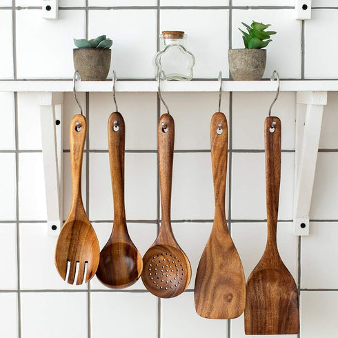 Wooden Kitchen Utensils Set, 5 PCs Natural Acacia Spurtle Set for Non-stick Pan, Ladle, Wok Spatulas, Salad Fork