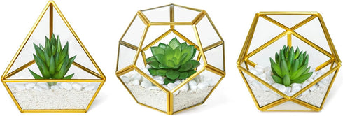 Mkono Artificial Succulent in 3 Pack Mini Glass Geometric Terrarium, Miniature Potted