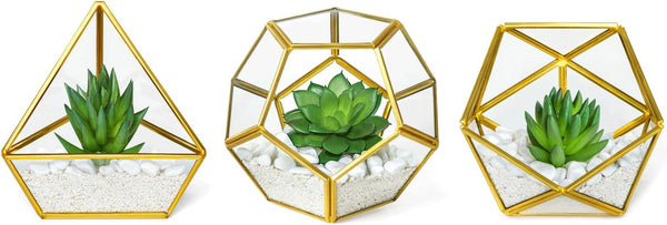 Mkono Artificial Succulent in 3 Pack Mini Glass Geometric Terrarium, Miniature Potted