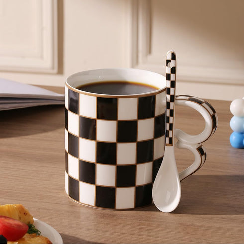 Porlien Checker Porcelain 18-ounce Mug Set of 2 with Teaspoon, Coffee Mugs and Tea Cups