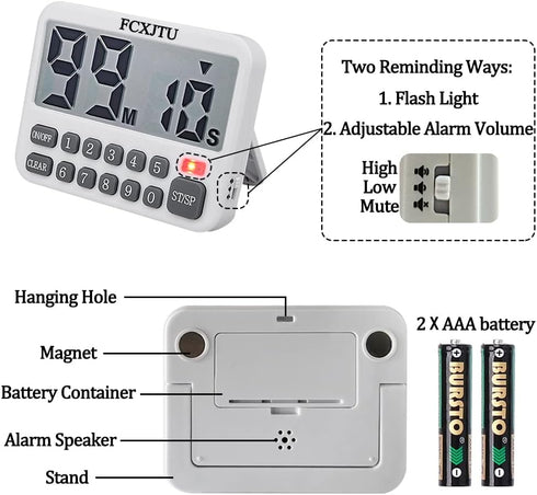 FCXJTU Digital Kitchen Timer, Large Display Countdown Timer with Loud Alarm, Magnetic Back Stand