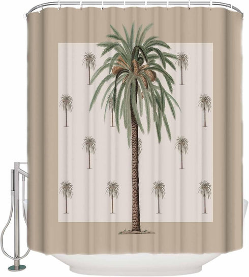 Palm Tree Shower Curtain Set with Hook, 36" x 72", Tropical Beach Plant Leaves, Waterproof Bath Curtains