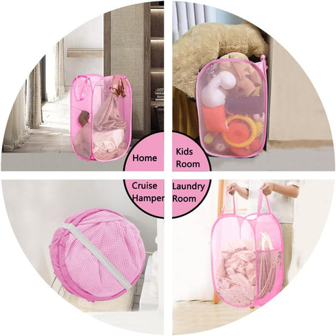 Portable Mesh Pop Up Laundry Hamper with Side Pocket and Handles, Vertical Collapsible Laundry Basket for Travel, RV,