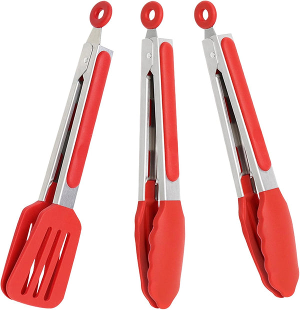 9 Inch Small Kitchen Tongs, Set of 3 Silicone Cooking Tongs with Stainless Steel Handle for Cooking, Serving (Red)